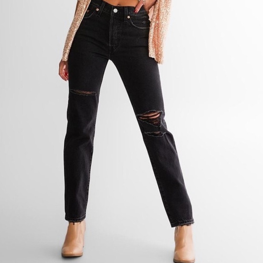 Levi’s 501 Black Ripped Distressed High Rise Straight Leg Denim Jeans NWT